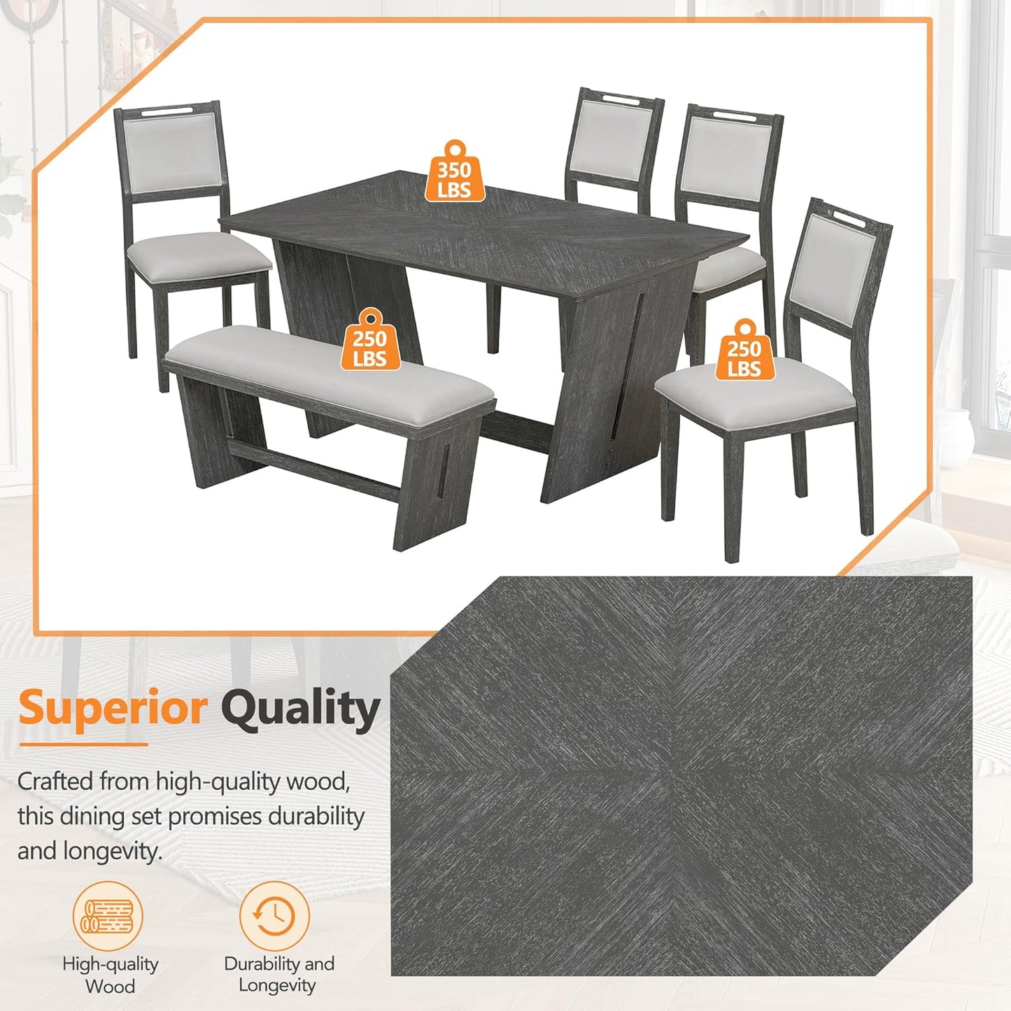 Merax 6-Piece Retro Dining Set, 1 Rectangular Table with Stable Trapezoidal Table Base and 4 Upholstered Chairs and 1 Bench for Dining Room and Kitchen, Antique Gray