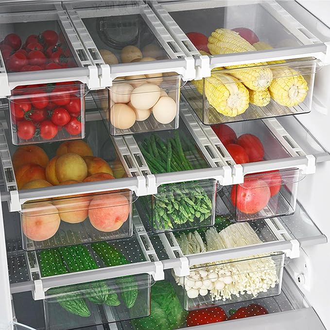 Refrigerator Drawer Organizer Clear PET Fridge Organizer Bin Pull Out Shelf Holder Storage Box for Eggs Fruits Vegetables Drinks