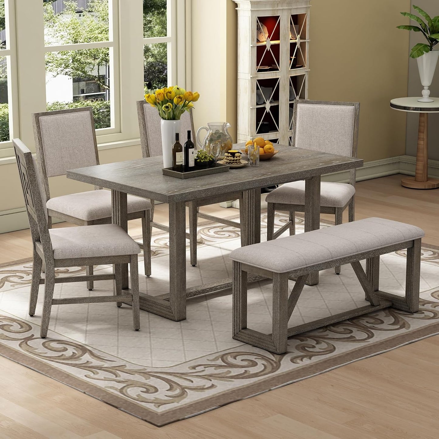 Merax Farmhouse Wooden Dining Set of 6, 59.6 inch Kitchen Table with Trestle Base, 4 Upholstered Chairs and 1 Bench, Easy Assemble Gray