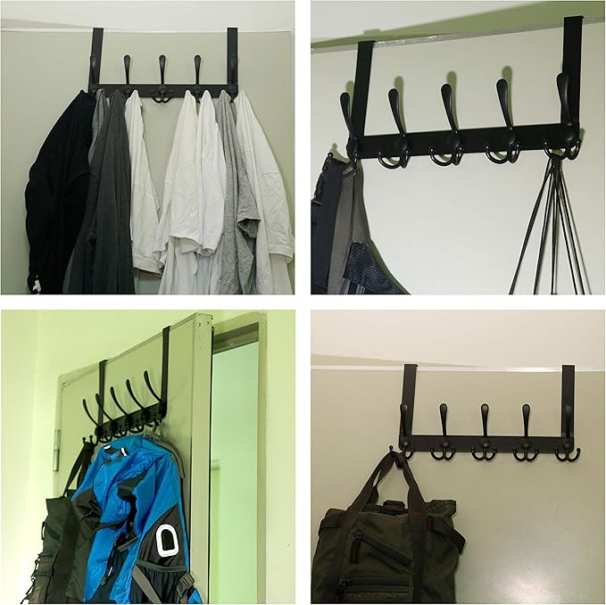 Dseap Over The Door Hook Hanger - 5 Tri Hooks, Heavy Duty Over The Door Towel Rack Coat Rack for Clothes Hat Towel, Black, 2 Packs
