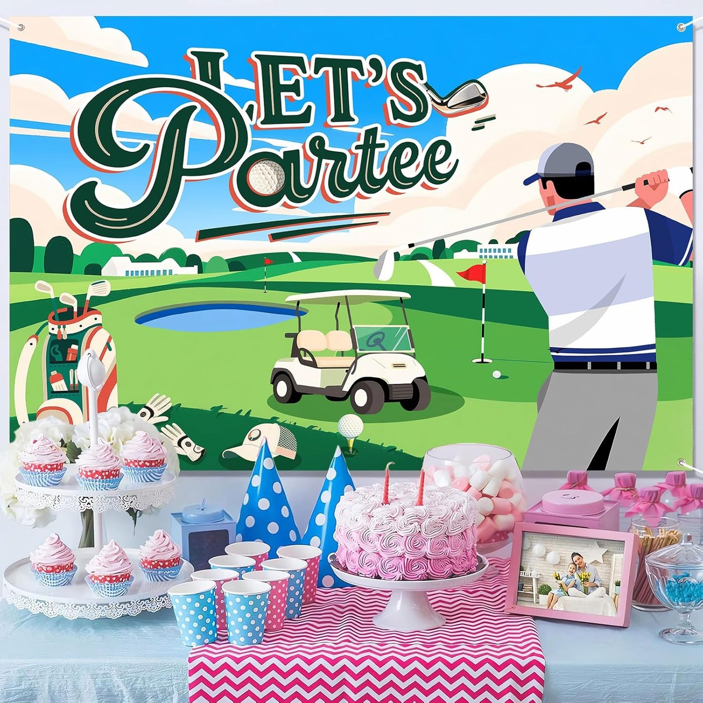 Let's Partee Golf Theme for Birthday Backdrop Green Grass Club Sports Grounds Photo Background Adult Kids Golf Birthday Party Decorations Banner Photo Booth Studio Props 10X7ft