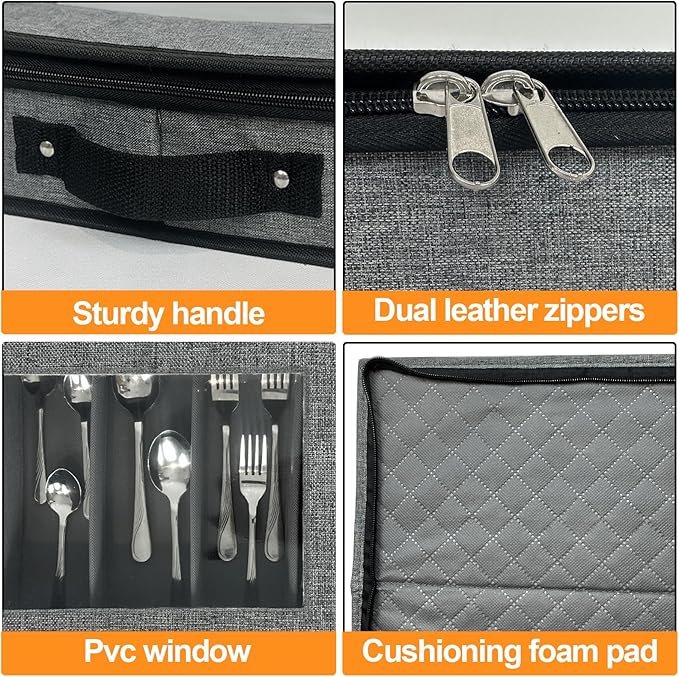 VERONLY Flatware Storage Case, Silverware Storage Box Chest with Dividers, 5 Compartment Cutlery Holder, Light Gray