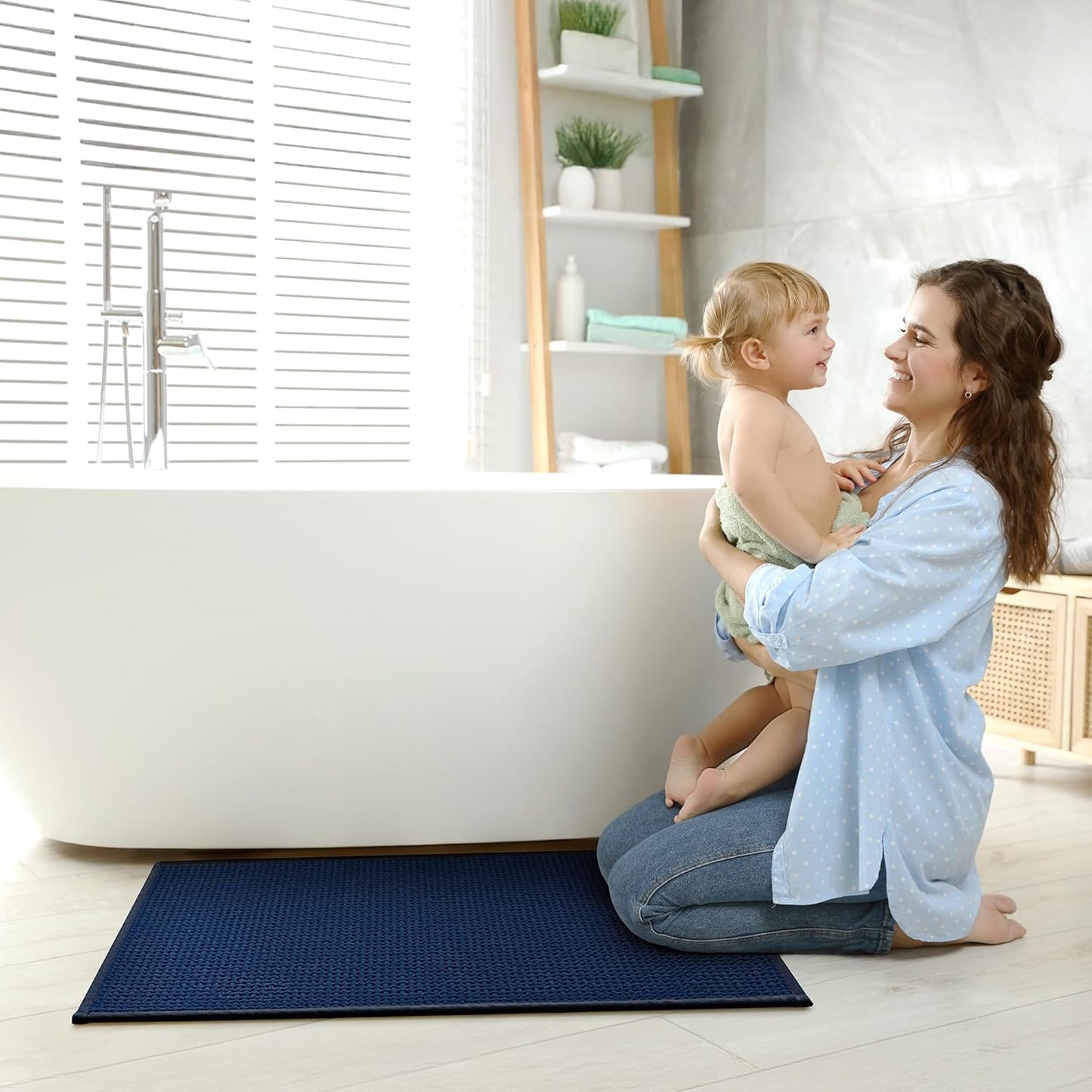 GRANNY SAYS Blue Bathroom Rugs Non Slip Washable, Absorbent Bath Mats 32" x 20", Thin Chenille Bathroom Rug, Quick Dry Bath Mat, Soft Rug for Tub and Shower