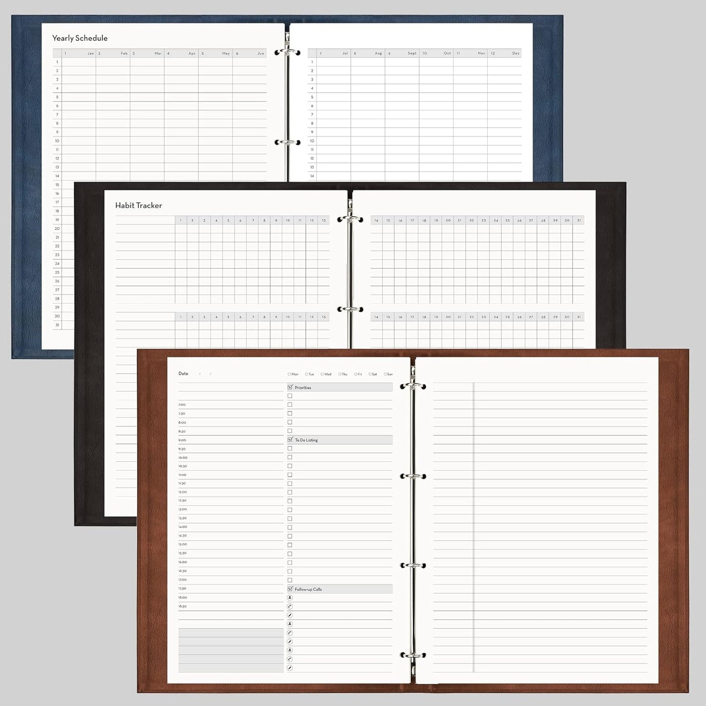 EMSHOI Undated Daily Planner 9.2" X 12", A4 To Do List Notepad, 240 Pages Ring Binder Planner Hardcover Leather Notebook for Work Business Meeting, with Yearly Schedule, Habit Tracker, Blue