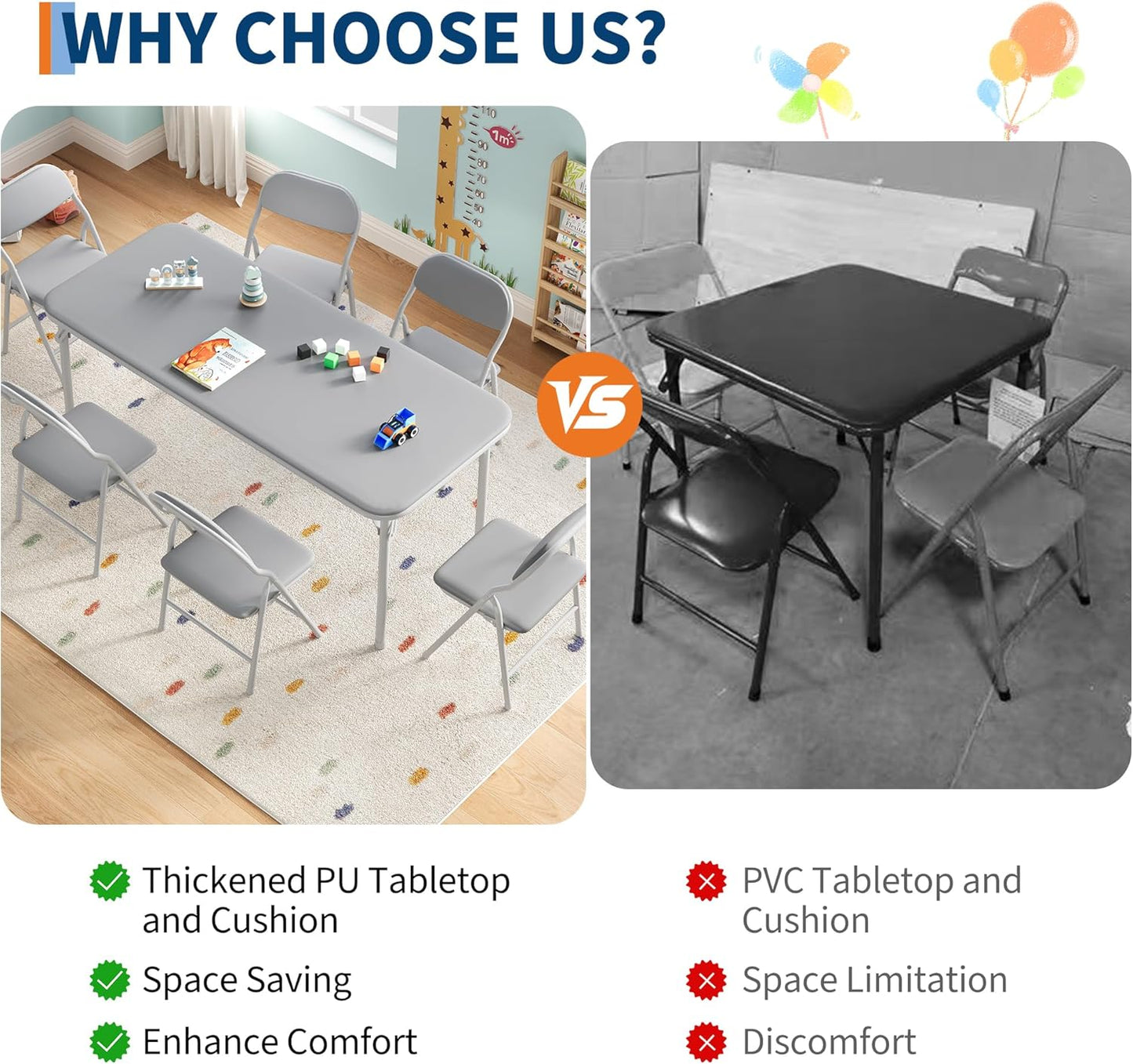 IDEALHOUSE 7 Piece Folding Kids Table and Chairs Set, Children Activity Table and Chairs Set for Dining Room,Daycare,Classrooms