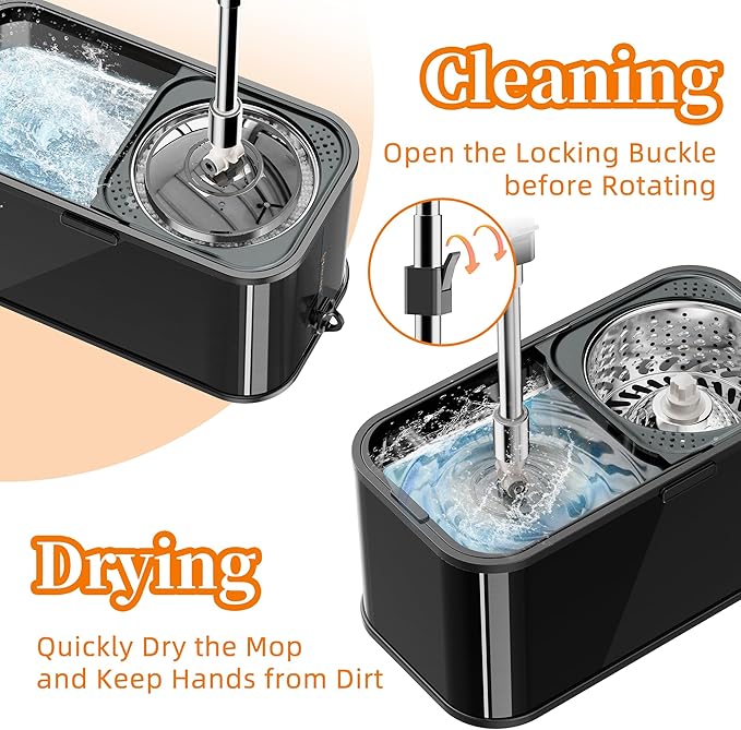 Stainless Steel Spin Mop and Bucket with Wringer Set for Home,360° Mop and Bucket with Separate Clean and Dirty Water,Wet Dust Mop for Floor Cleaning with Extra Refills (Black)
