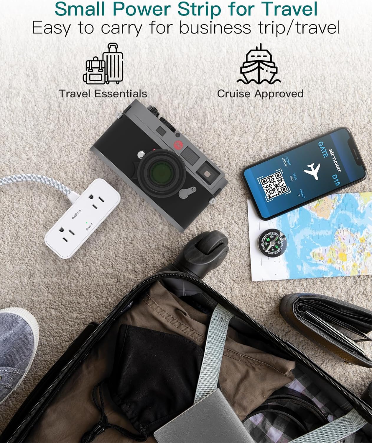 Travel Essentials, 6 Ft Power Strip with 4 Outlets and 3 USB Ports(2 USB C), Addtam Flat Plug Small Extension Cord,Non Surge Protector for Cruise Ship, Travel, Dorm Room Essentials, ETL Listed, White