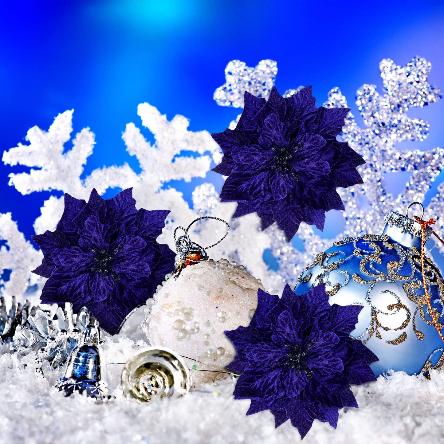 Cindeer 7 Pcs Christmas Poinsettia Artificial Flowers Christmas Poinsettia Ornaments Picks Blue Flowers Decoration for Xmas Tree DIY Wreaths Ornament Wedding Party, 9.8 Inch