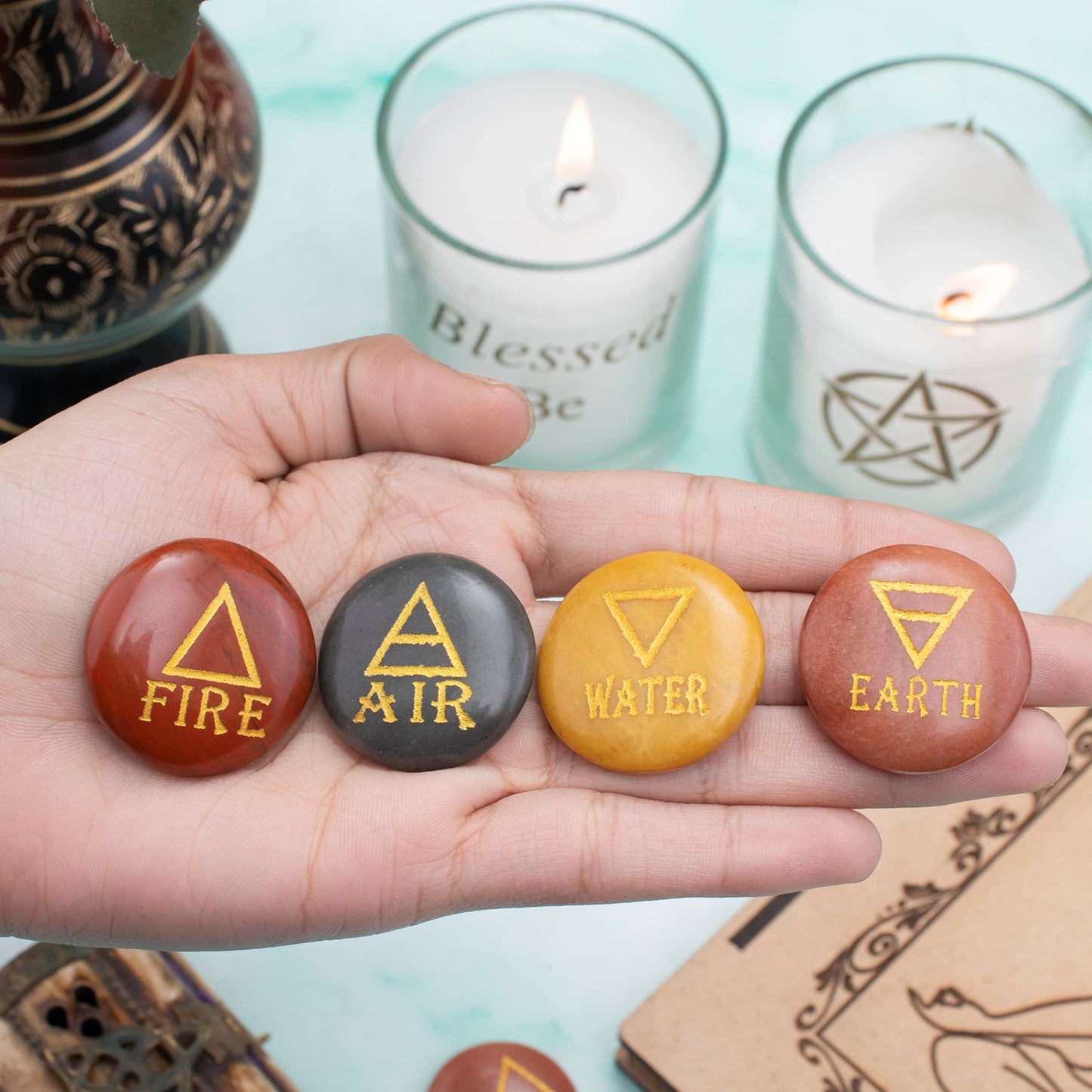 Crocon 4 Elements Assorted Stones Round Shape Engraved Triangle Symbols (Earth Air Fire Water) Polished Palm Stones for Gemstone Reiki Crystals and Healing Stones Meditation Divination Tools Gifts