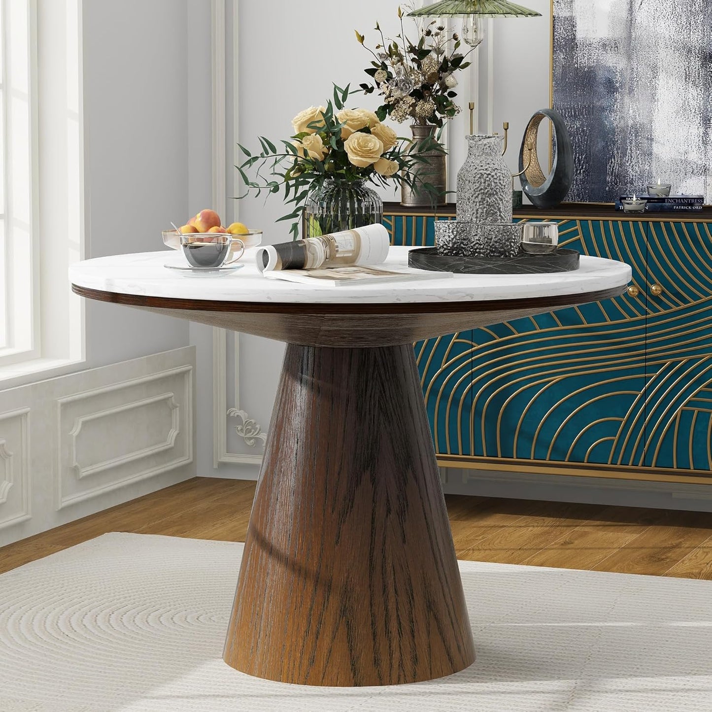 Wooden Kitchen Round Dining Table for 4-6, Round Kitchen Table with Circular Tabletop with Wood Pedestal Base, Rustic Farmhouse Furniture