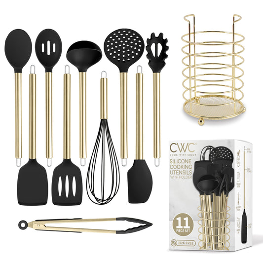 COOK WITH COLOR Silicone Cooking Utensils, Kitchen Utensil Set, Easy to Clean Silicone Kitchen Utensils, Cooking Utensils for Nonstick Cookware, Kitchen Gadgets Set with Holder, 10 Pieces