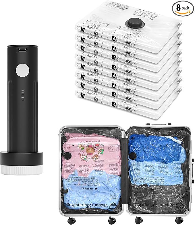 SUOCO Vacuum Storage Bags for Travel with Rechargeable Pump, 8 Medium Compression Packing Seal Bags for Luggage Suitcase, Space Saver for Clothing and Clothes Travel
