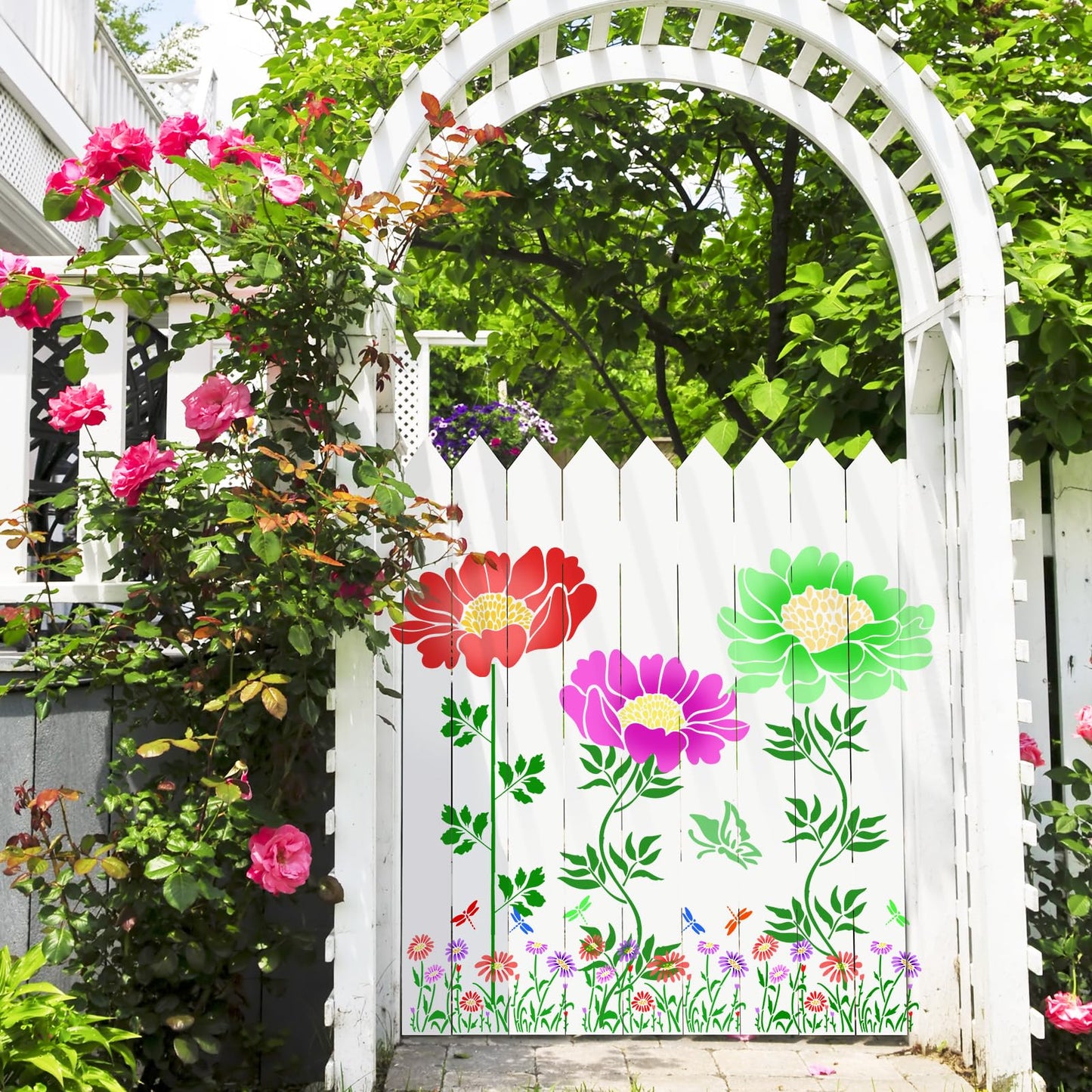 12Pcs Large Flower Stencils for Painting on Wood Fence, 14 Inch Reusable Fence Stencil, Peony Floral Stencils on Wall Wood Floor Canvas Paper Furniture Fabric