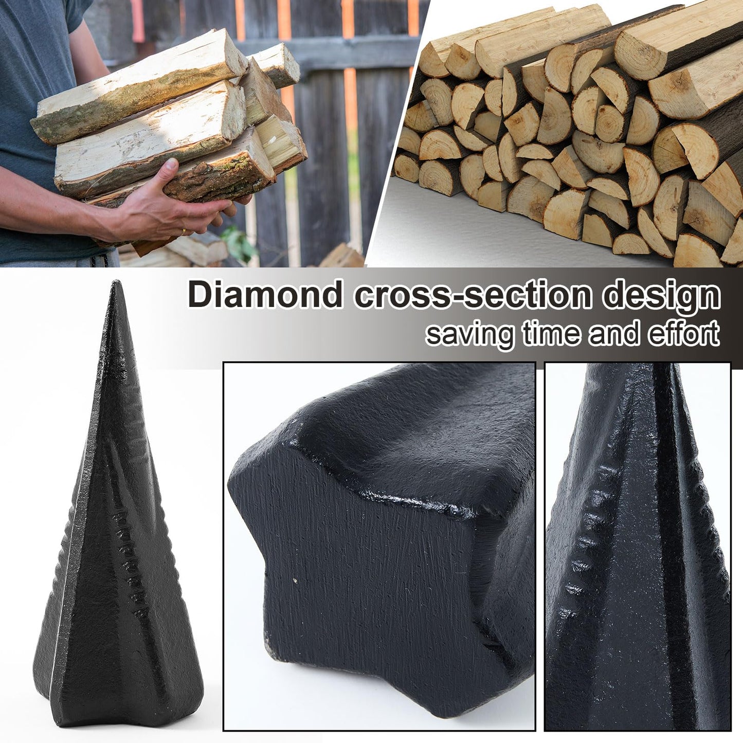 Otoolling 2 Pcs 4 Lbs Wood Splitting Wedges Manual Log Splitter Wedge 4-Direction Diamond Design Forged Steel Tool for Easy Wood Splitting Splits Firewood into 4 Pieces Less Effort (Black)