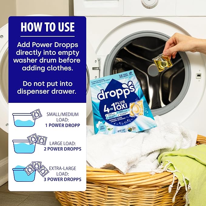 Dropps 4-in-1 Plus Oxi Crisp Breeze Power Biobased Laundry Detergent Pods (38 Pods) - Chlorine-Free Bleach Alternative Biobased Laundry Whitener, Stain & Odor Remover