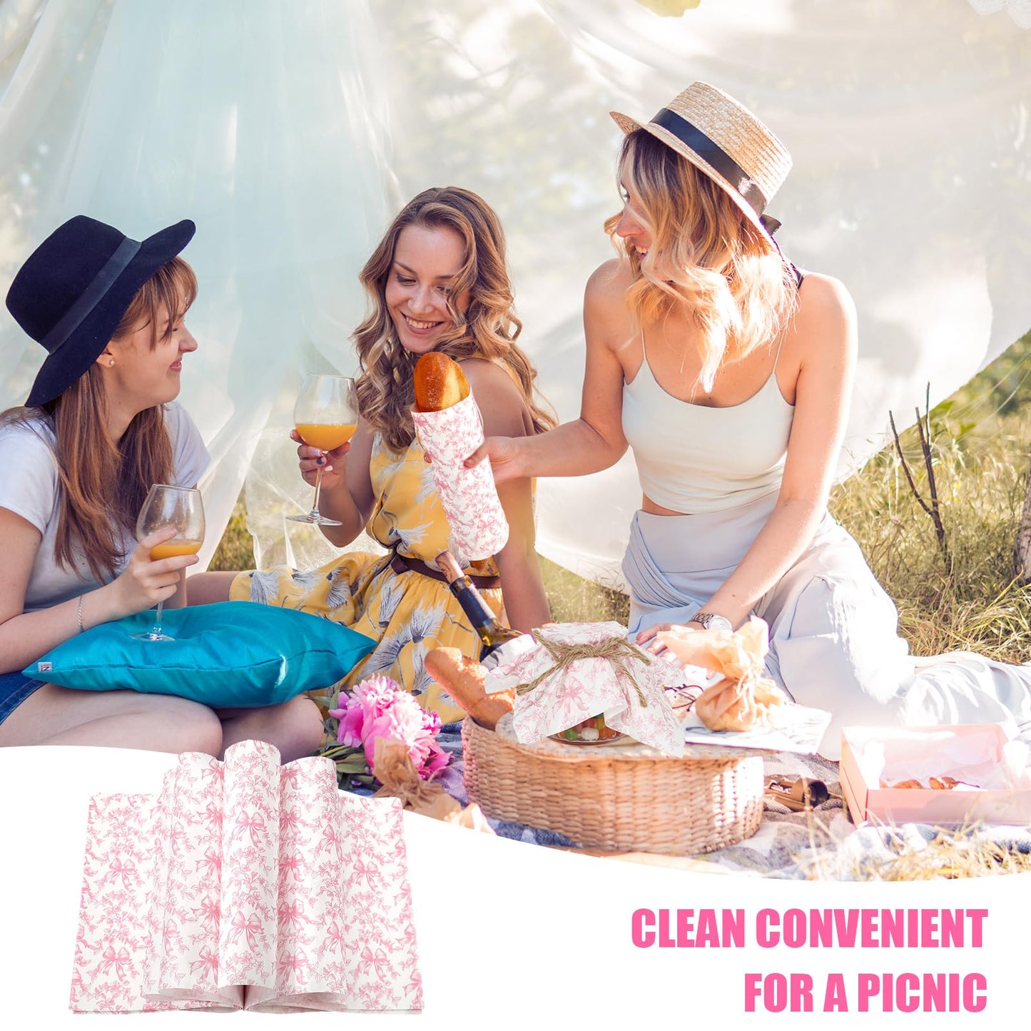 AnyDesign 150Pcs Pink Floral Bow Wax Paper Deli Paper Sandwich Wrap Tissue Vintage Chinoiserie Flower Bow Waterproof Oil-Proof Picnic Liner for Home Party Kitchen, 9.8 x 8.3 Inch