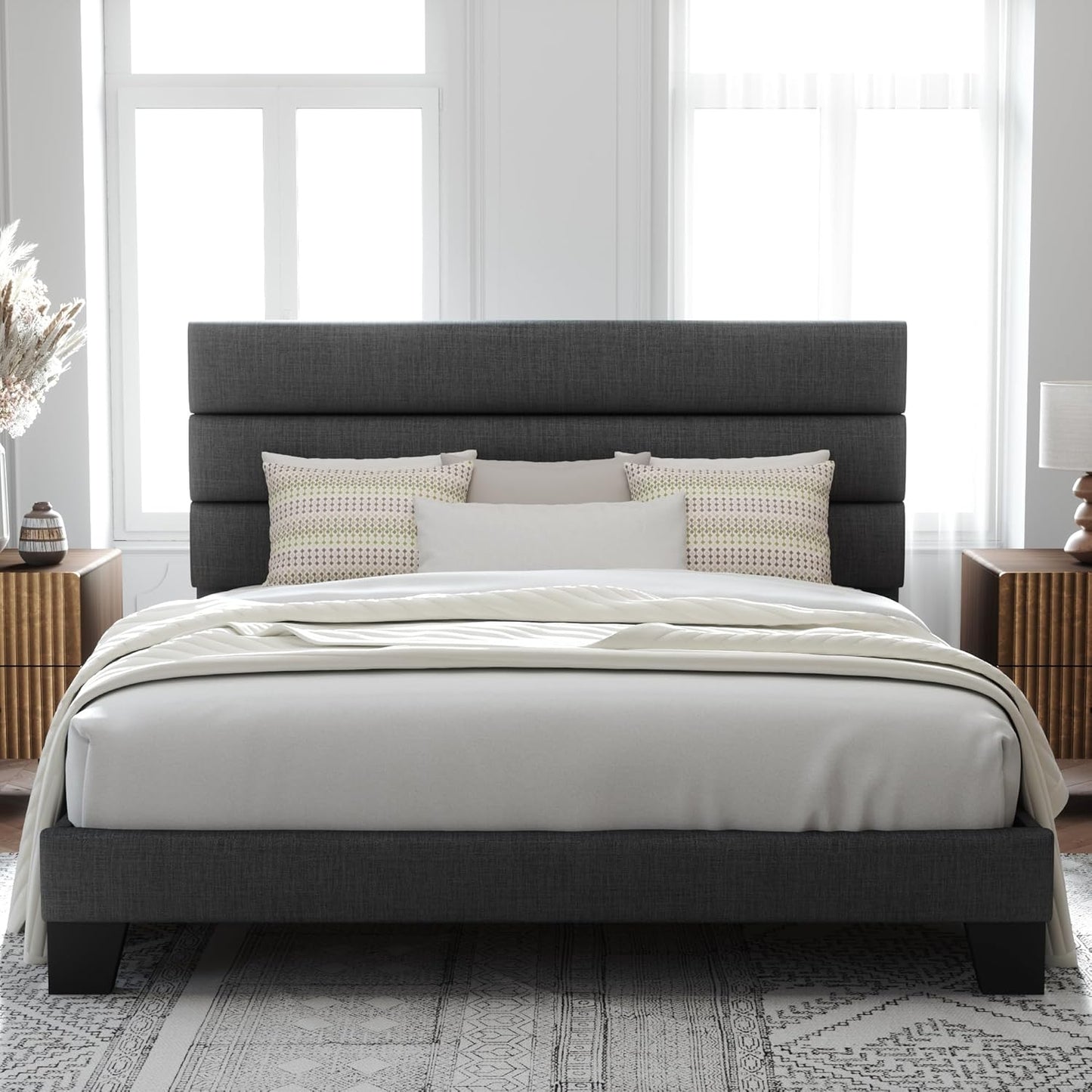 Allewie King Bed Frame Platform Bed with Fabric Upholstered Headboard and Wooden Slats Support, Fully Upholstered Mattress Foundation/No Box Spring Needed/Easy Assembly, Dark Grey