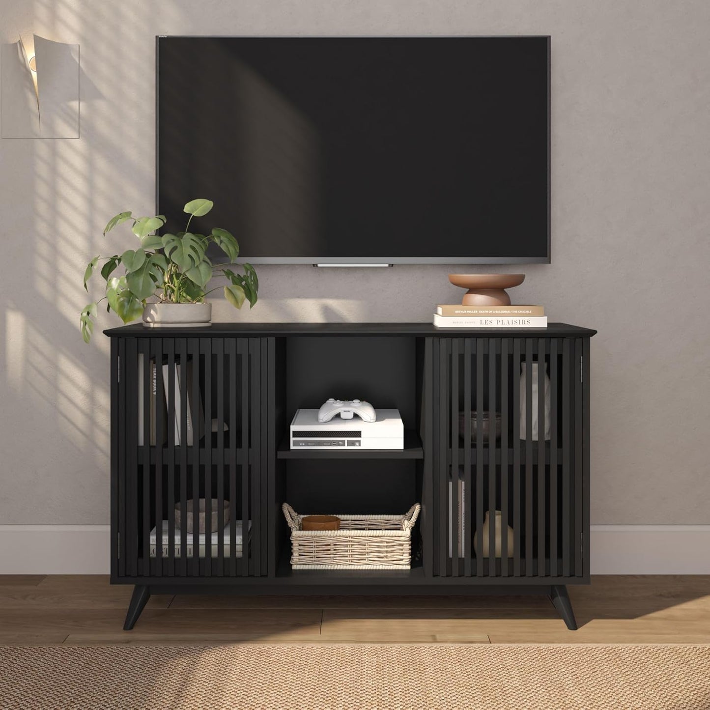 Plank+Beam Mid-Century Modern Wood TV Stand, Solid Wood Entertainment Console with Storage, 49" L x 16" W x 30" H, Black