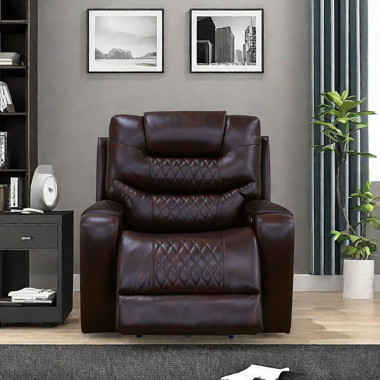 Recliner Chair, Leather Recliner Home Theater Seating, Electric Reclining Chair with USB Ports and Cup Holders, Breathing Chair with Hidden Arm Storage, Dark Brown