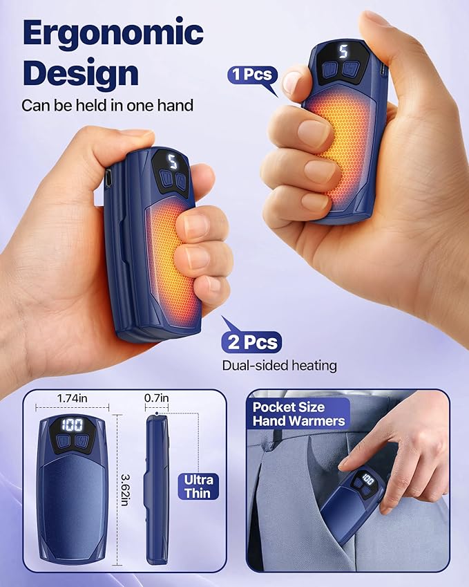 Kesguar Hand Warmers Rechargeable 2 Pack - 6000mAh Electric AI Handwarmers, LED Display & 5-Level Heating, 20Hrs Long Lasting, 2-in-1 Portable Heater, Gifts for Men/Women/Golf/Hunting