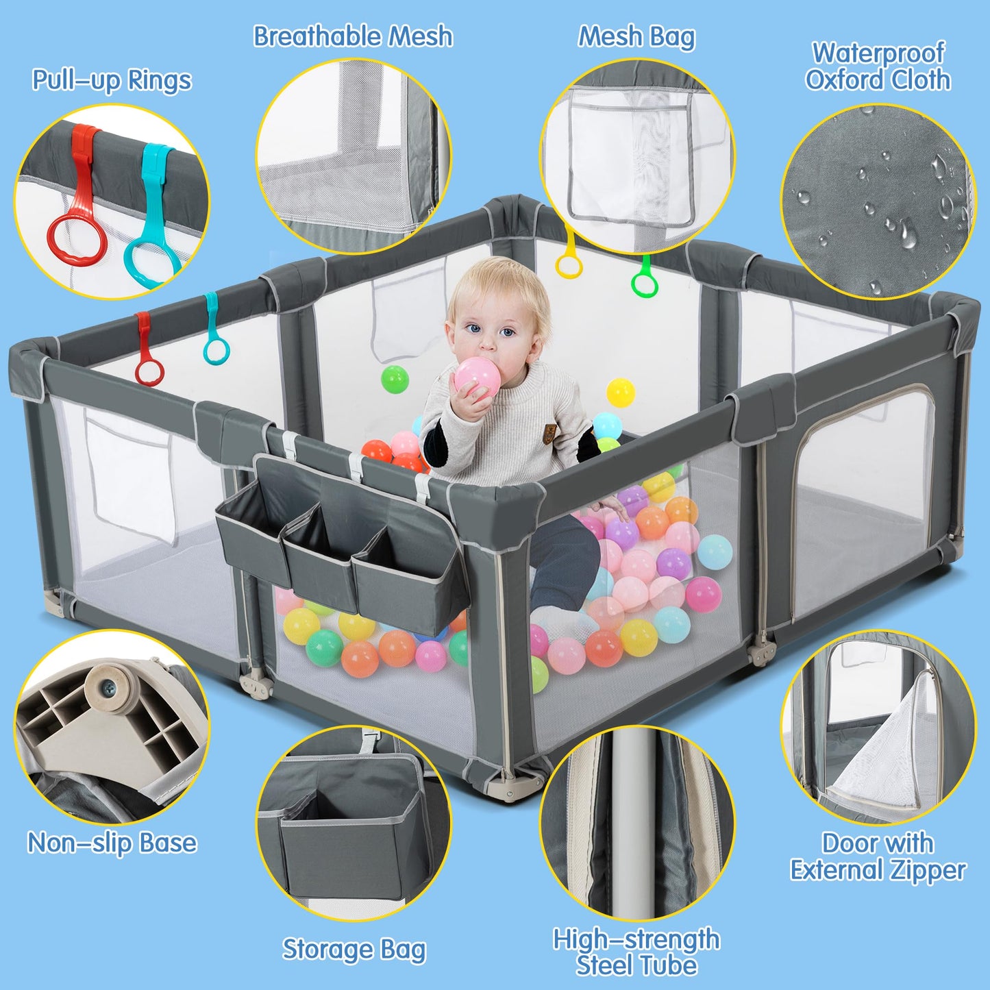 CAPAKIDS Foldable Baby Playpen 59"×71", Out-of-The-Box Ready Playpen for Babies and Toddlers, Portable Play Yard with Breathable Mesh & Gates, Storage Bag & 4 Handlers for Indoor & Outdoor