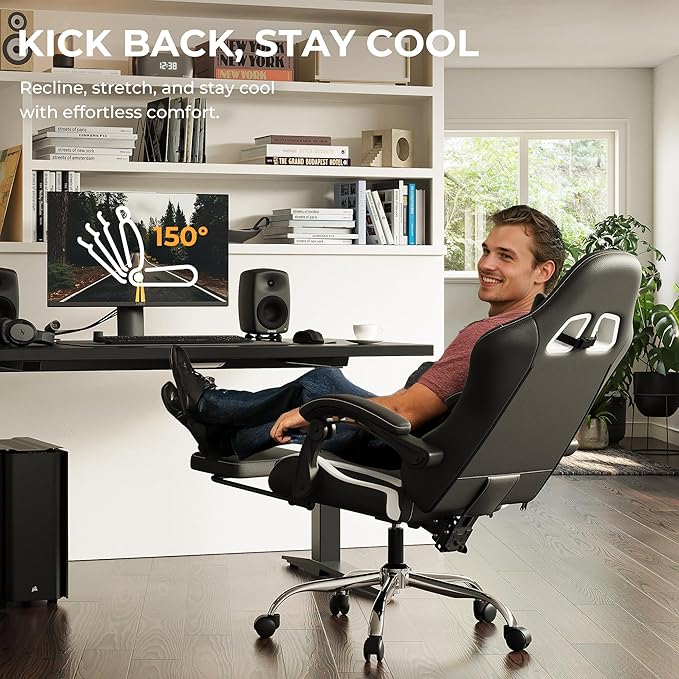 Dowinx Ergonomic Gaming Chair with Footrest, Heavy Duty 330lbs Office Chair, Massage Lumbar Support, Adjustable Height & Headrest Pillow, Comfortable for Back Pain Relief Streaming Long Gaming White