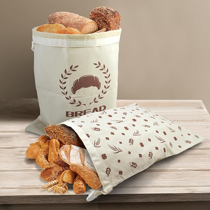 Bread Bags For Homemade Bread,2 Pack Cotton Beeswax Bread Bags For Sourdough,Waxed,Reusable Cloth Bread Bag With Locks For To Go Picnic Food Packaging