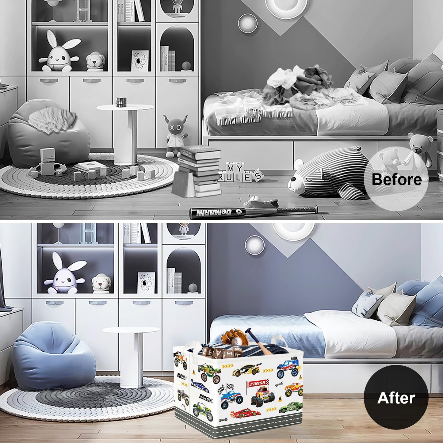Clastyle City Car Baby Laundry Hamper Kid Storage Basket Boy Gift Toy Box Collapsible Clothes Organizer Nursery Bin for Bedroom,Monster Truck,40 * 30 * 30 cm