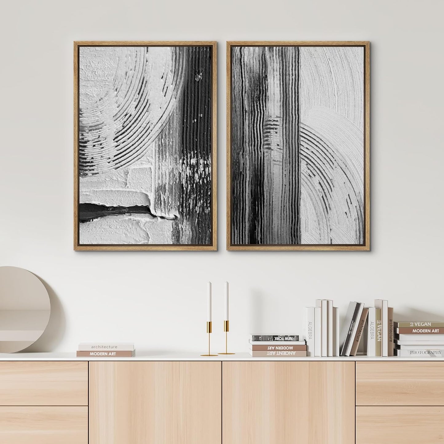 SIGNWIN Framed Canvas Print Wall Art Set Black White Industrial Paint Strokes Abstract Shapes Illustrations Modern Art Minimal Decorative Nordic for Living Room, Bedroom, Office - 16"x24"x2 Natural