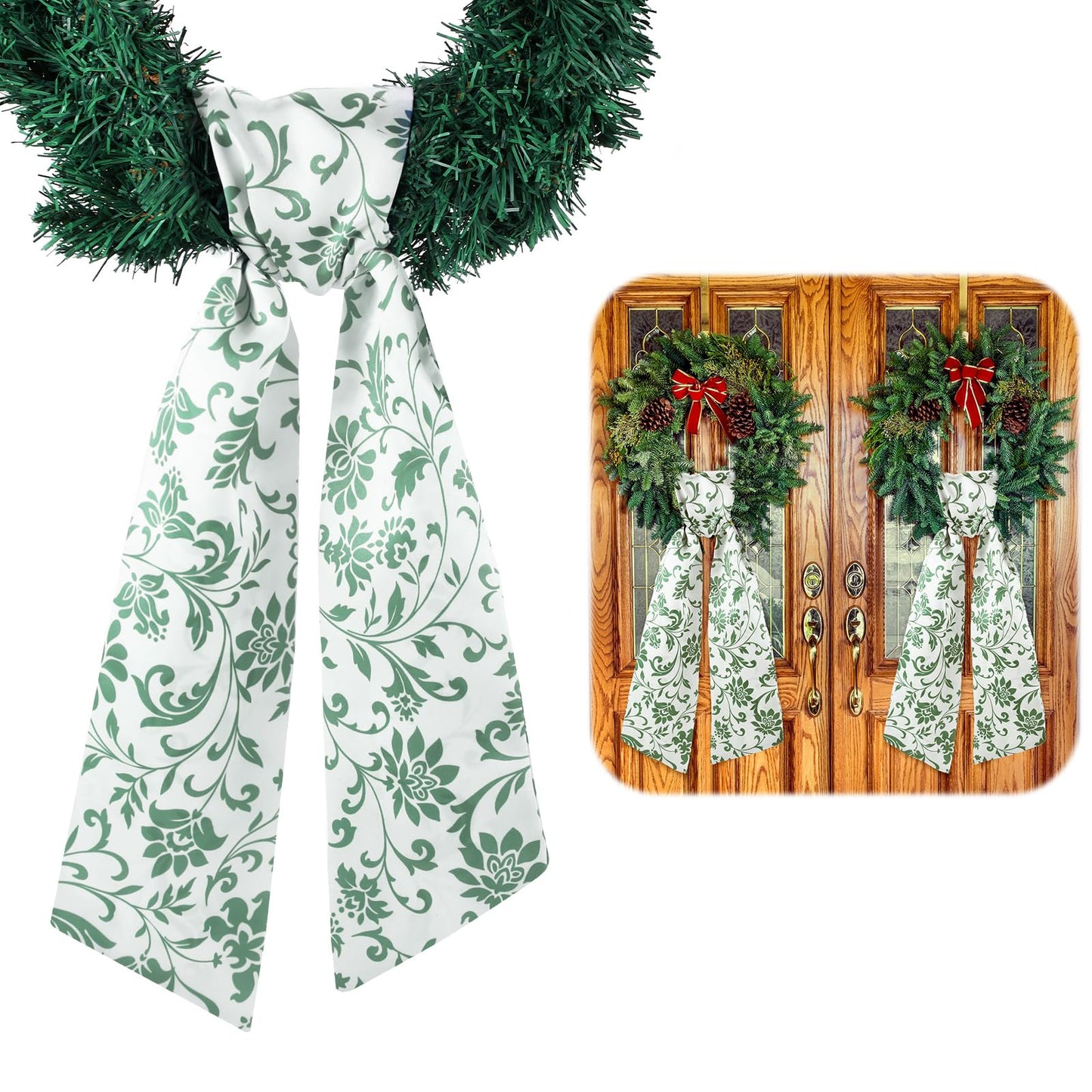 VitalCozy 2 Pcs Wreath Sash for Front Door Wreath Sash Garland Ribbon Accessories for Embroidery Monogram Outdoor Indoor Xmas Party Yard Doorway 4.5" W x 56" L(Green,Greenery)