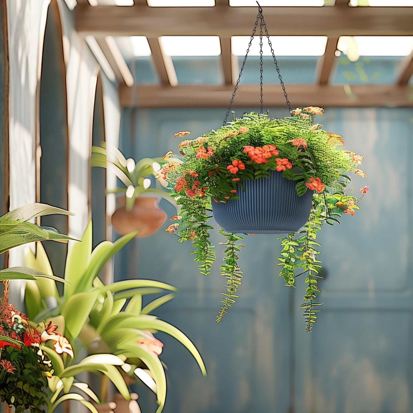 T4U 12 Inch Large Hanging Planters for Outdoor Plants, 2 Pack Self Watering Pots Indoor, Hanging Baskets for Plants,Hanging Flower Pot with Drainage Hole and Plant Hanger, Blue