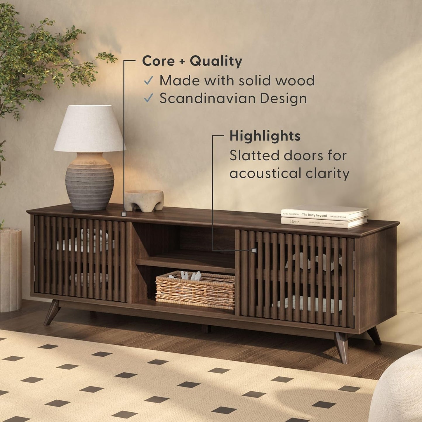 Plank+Beam Mid-Century Modern Wood TV Stand, Solid Wood Entertainment Console with Storage, 59" L x 16" W x 19" H, Walnut