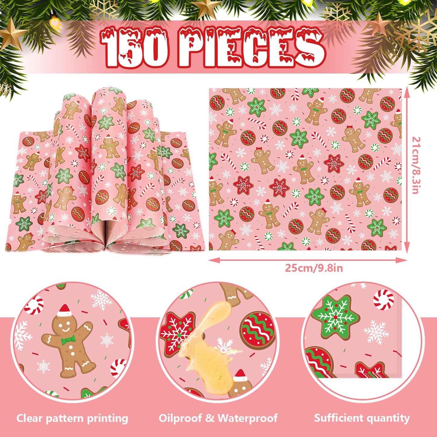 JarThenaAMCS 150Pcs Christmas Wax Paper Pink Gingerbread Man Snowflake Deli Paper Tissue Xmas Winter Sandwich Wrap Paper Oil-Proof Picnic Liners for Party Kitchen Supplies