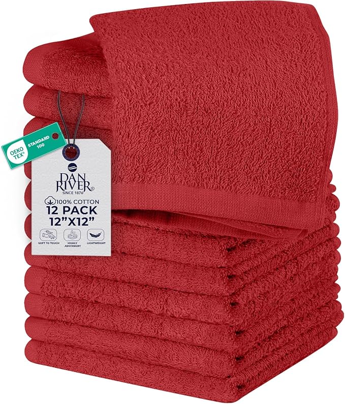 DAN RIVER 12 Pack Wash Cloths for Showering [12x12] - 100% Cotton Washcloths Premium Quality Flannel Face Cloths for Bathroom, Highly Absorbent and Soft Feel Wash Clothes, Red