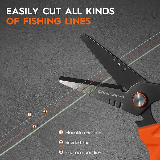 BasicGear Fishing Multi-Tool Scissors – Titanium-Coated, Stainless Steel, Multi-Tool Cutter with Hook Adjuster, Screwdriver, Bottle Opener, Sheath & Non-Slip Grip for Saltwater or Freshwater Use