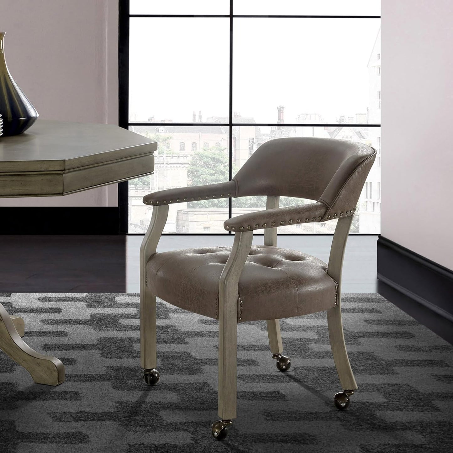 LEEMTORIG Large Dining Chairs with Casters and Arms, Rolling Dining Chairs with Wheels, Solid Wood Boss Caption's Chairs Office Chairs, 26"D x 25.2"W x 31.5"H, Soft Grey Legs & Dark Brown SY-1318-DK