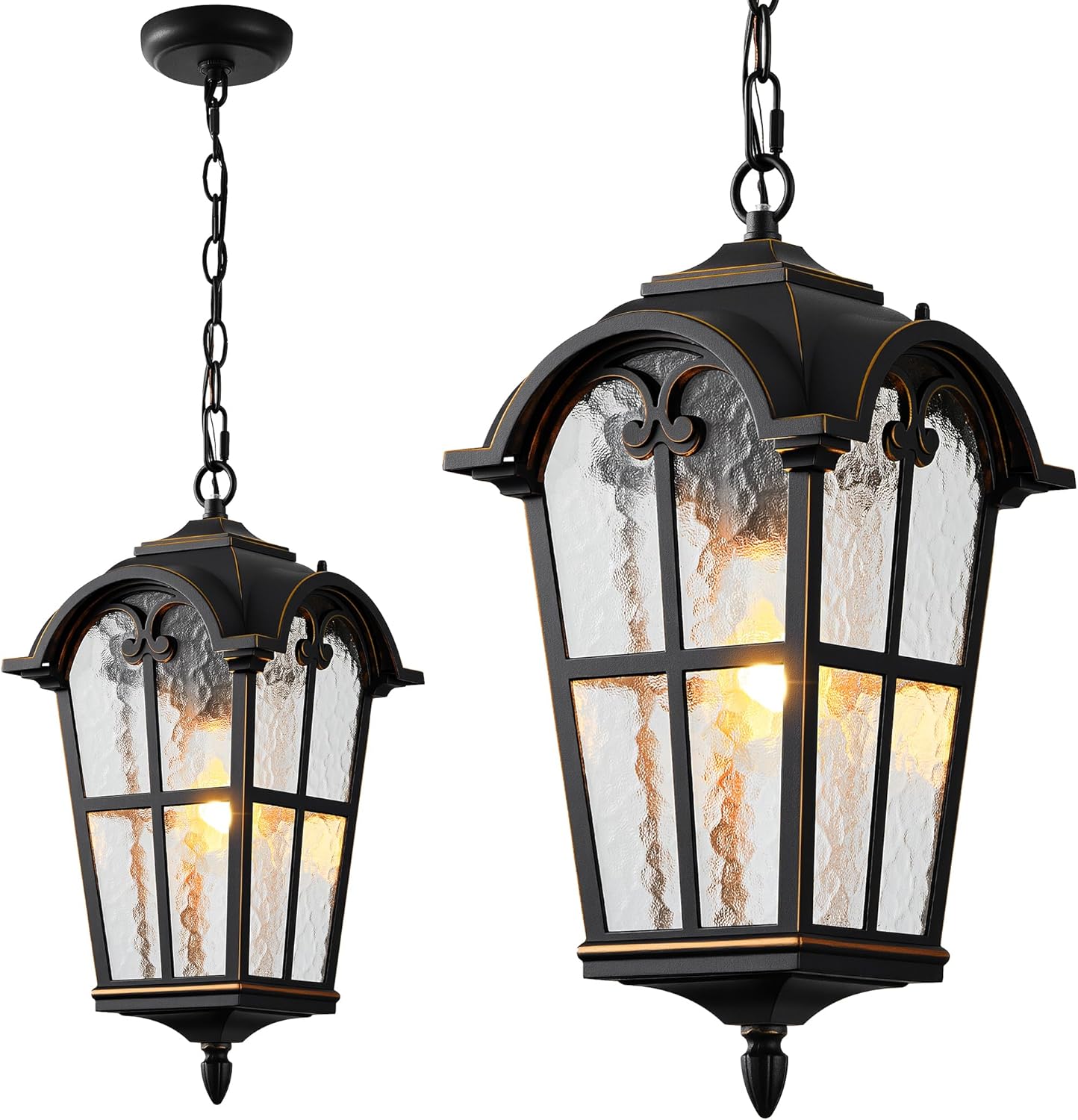 VIANIS Black Large Outdoor Pendant Light, Vintage Outdoor Chandelier with Gold Trim, Outside Hanging Light for Porch, Doorway, Entryway, 100% Aluminum, Anti-Rust