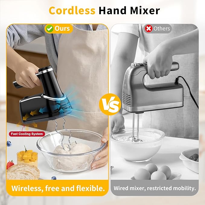 Cordless Hand Mixer, 12-Speed Rechargeable Electric Handheld Mixer with 6 x 304 Stainless Steel Attachments (2 Whisks, 2 Beaters, 2 Dough Hooks) & Storage Case, for Baking, Eggs, Cakes (Black)