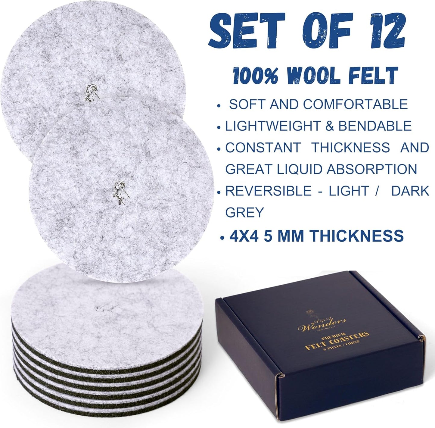A&A Wonders Premium Felt Coasters for Drink, Two-Tone Reversible, Absorbent Felt Protects Furniture, Table, Anti Slip, Suitable for Drinks & All Table Types (Light Gray/Dark Gray, Circle 12 Pack)
