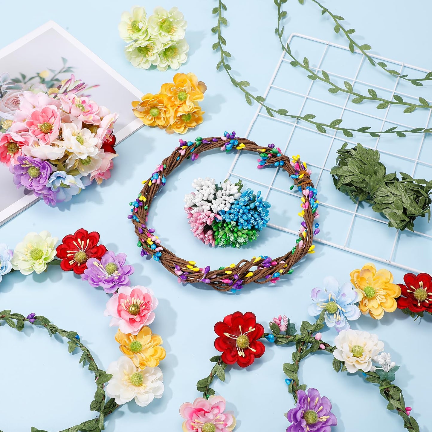 Zeyune 20 Sets Summer Tea Party Favor Flower Crowns Making Kit, Make Your Own Flower Crown Wreath Garland Headbands Craft Kit Handmade DIY Fairy Floral Hair Accessories Gift for Women(Daisy)