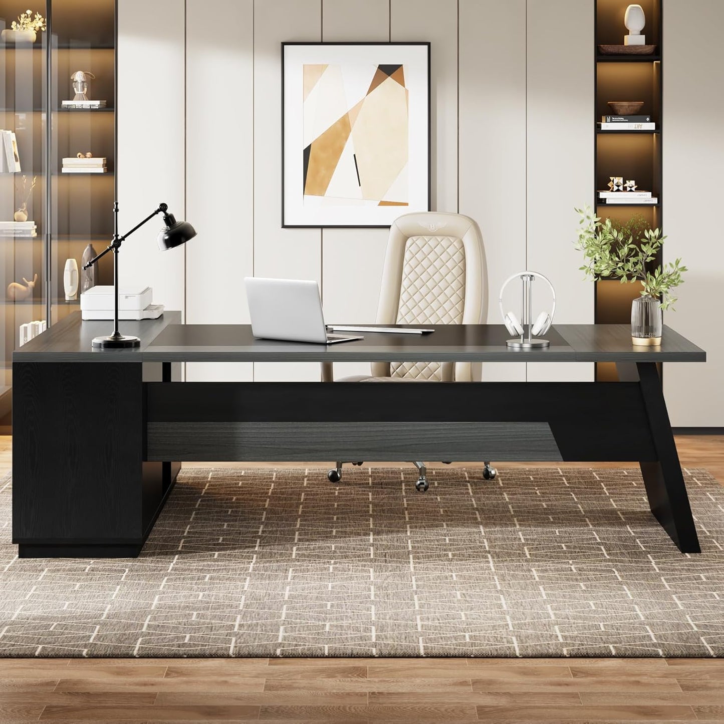 Tribesigns 78" L-Shaped Executive Desk, Large Modern Office Desk with Drawers and Lateral File Cabinet, Business Furniture with Storage Shelves, Big Computer Desk for Home Office (Grey + Blcak)