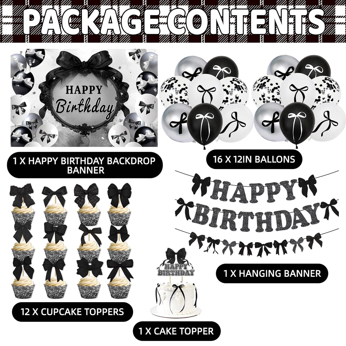 Black Bow Birthday Party Decorations Set - Cute Backdrop Banner, Hanging Banners, Balloons, Cake & Cupcake Toppers, Princess Theme Party Supplies Kit for Girls, Kids, Baby Shower