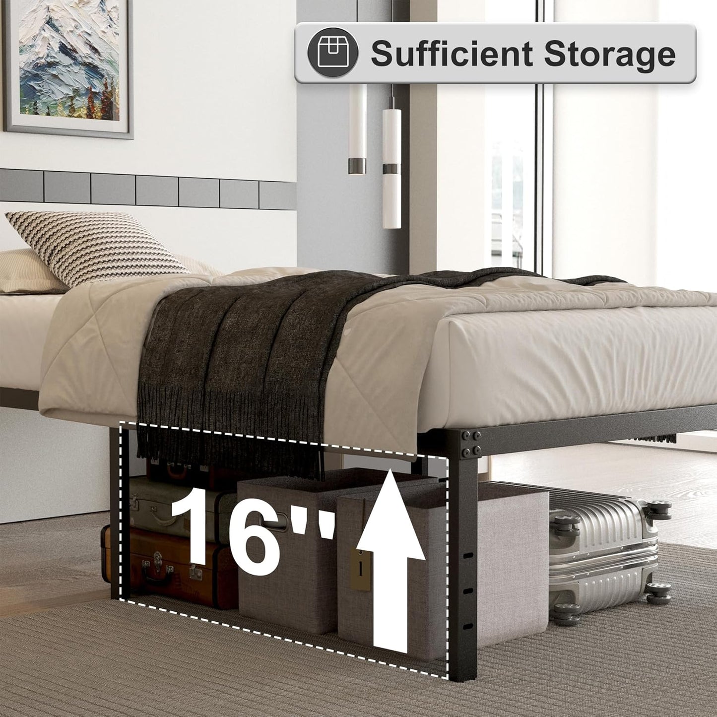 18 Inch King Size Bed Frame with Black Bed Cover, Metal King Size Platform Bed Frame No Box Spring Needed, Heavy Duty Mattress Foundation, Easy Assembly, Noise Free