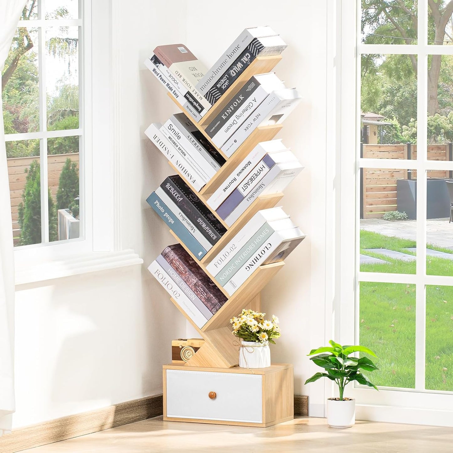 8 Tier Tree Bookshelf with Drawer, Free Standing Wood Bookcase for Narrow Space, Storage Organizer Bookshelves for Books, Book Case for Home Office, Living Room, Bedroom - Natural
