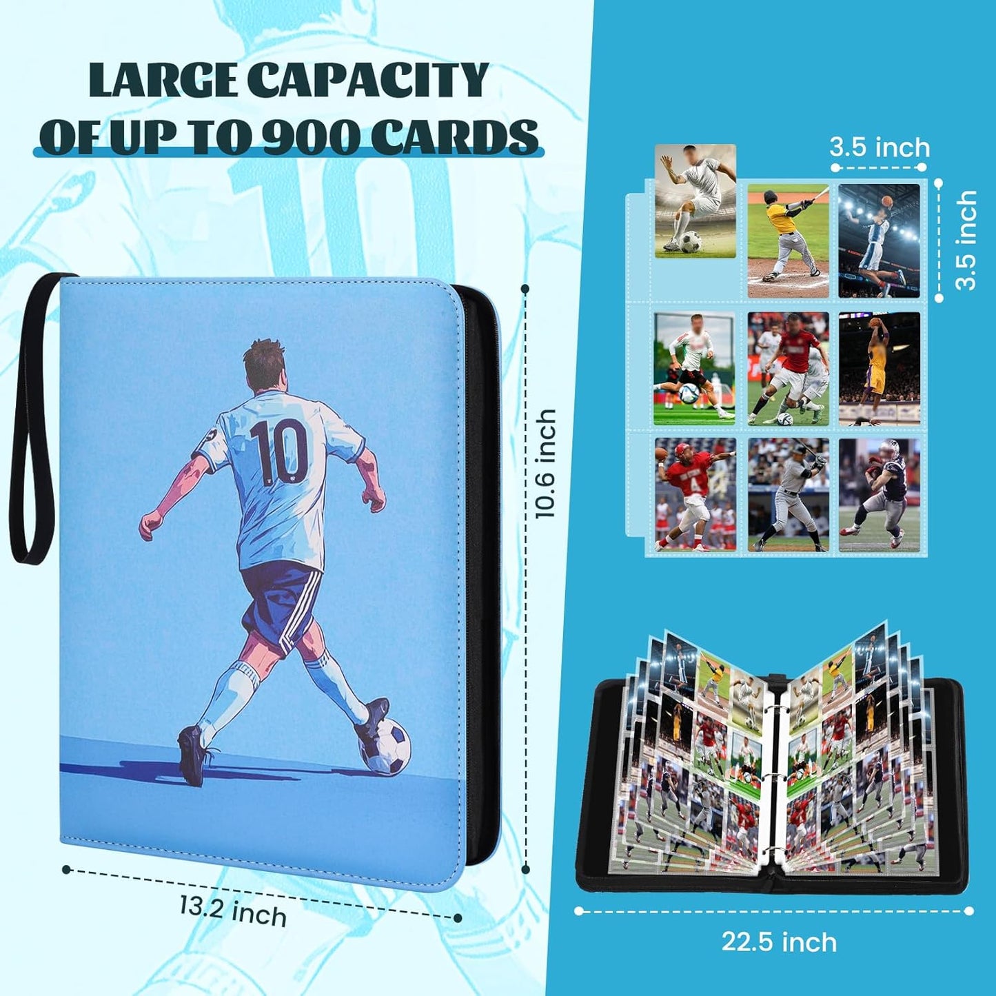 900 Pockets Soccer Card Binder for Soccer Trading Cards Collectors, Portable Waterproof Card Storage Bag with Removable Sleeves, Compatible with Soccer, Football,Sports Game and TCG Cards