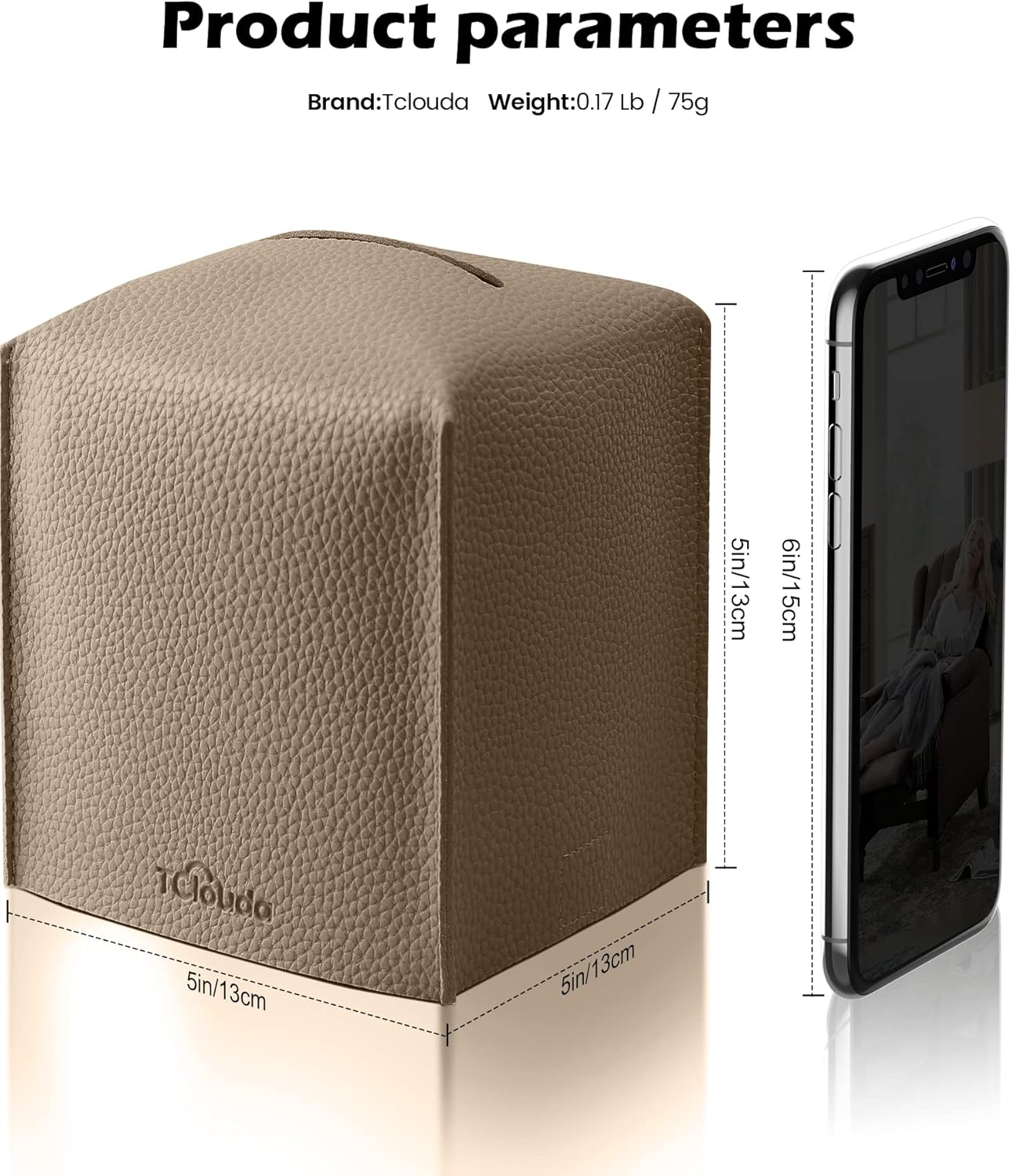 Tissue Box Cover for PU Leather, Modern Simple Solid Color Holder Square Tissue Bag, Ideal for Bathrooms,Office,Car,Outdoor Tent,Dining Table,5"X5"X5", Double Cocoa Brown