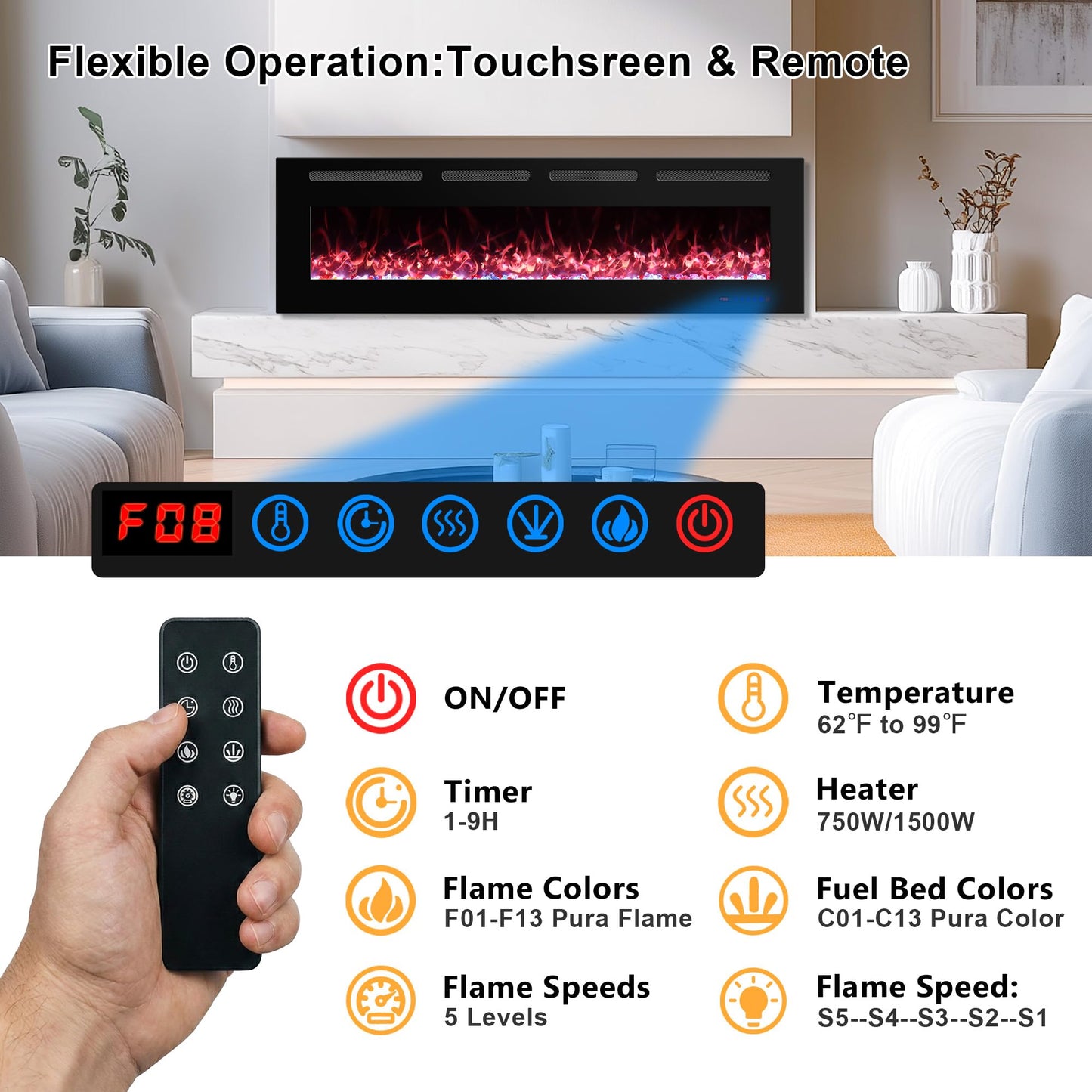 42 in Ultra Thin Electric Fireplace Insert with Remote Control 13 Flame&Flue Bed Colors, Overheat Protection and Thermostat, Low Noise Recessed&Wall Mounted Slim Fireplace Heater Chiminea with Dimmer