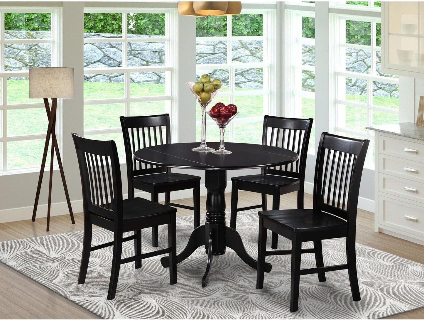 East West Furniture DLNO5-BLK-W 5 Piece Dinette Set for 4 Includes a Round Dining Room Table with Dropleaf and 4 Kitchen Dining Chairs, 42x42 Inch, Black