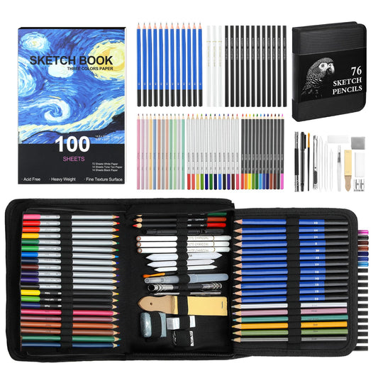 TMOL 76 Pack Art Supplies Sketching Kit with 100 Sheets 3-Color Sketchbook, Drawing Pencils Include Graphite Colored Charcoal Watercolor & Metallic Pencils, for Kids Adults Beginner Artists