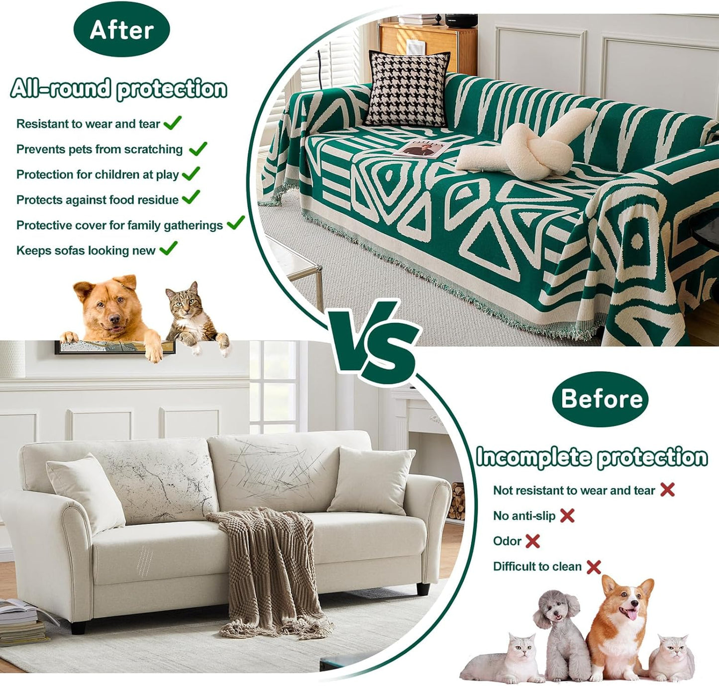 HANDONTIME Couch Cover Boho Sofa Covers Washable Forest Green Dog Covers for Couches Reversible Couch Blanket Cover Geometric L Shaped Couch Covers for 2 3 Couch Cushion Cover Dark Green, 71" X134"